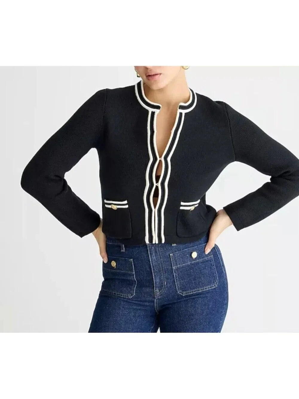NWT J.Crew Emilie Sweater Lady Jacket in Black Ivory Contrast Trim Cardigan XS - Picture 5 of 5